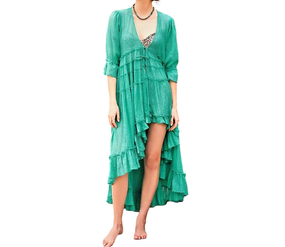 PQ Swim Anthropologie Green Kinsley Cover Up Ruffled Tunic Dress XS/S